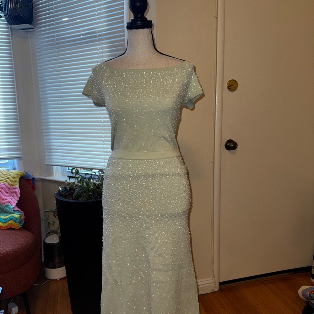 Zara Light Green Pearl-Embellished Matching Top and Skirt